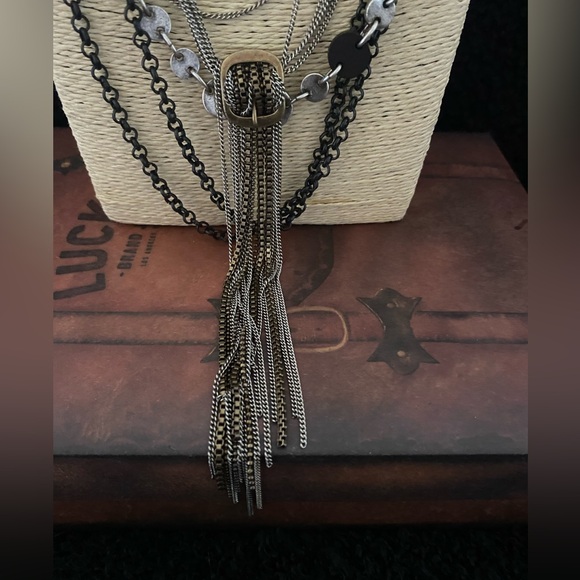 LUCKY BRAND Buckle Multi Metal Layered Steam Punk Removable Chain NECKLACE - Picture 2 of 5